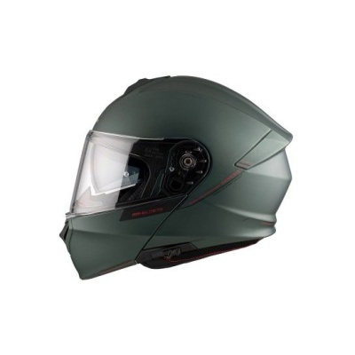 Capacete integral verde fosco com viseira transparente e detalhes vermelhos e pretos