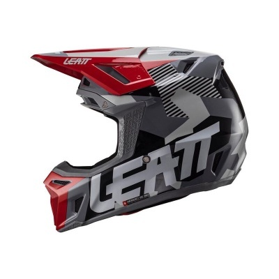 Capacete integral motocross Leatt cinza preto vermelho com texto grande e design aerodinâmico