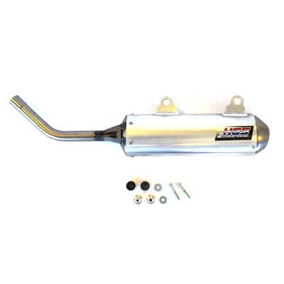 Escape de moto metálico prateado com acessórios