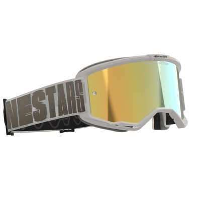 Óculos de proteção desportiva com lente espelhada dourada e verde e banda elástica cinzenta