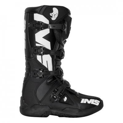 Bota preta IMS para motociclista com três fivelas e logos brancos