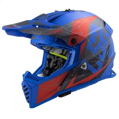 Capacete integral azul com padrões vermelhos e cinzentos para motocross