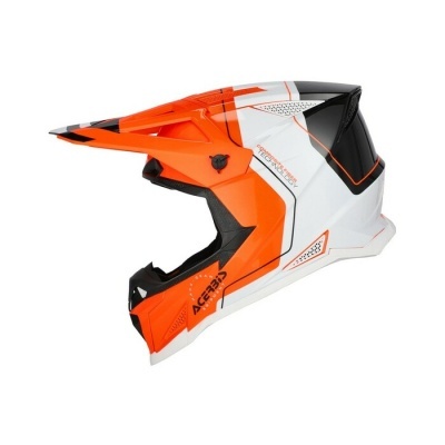 Capacete de motocross nas cores laranja, branco e preto com texto visível.
