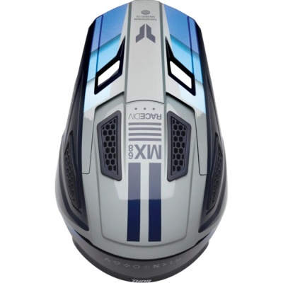 Capacete de motociclista branco com azul e preto e inscrições MX 68 e RACEDAY