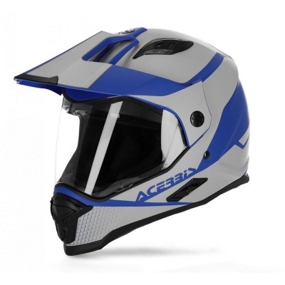 Capacete de moto integral cinza e azul com viseira transparente e detalhes pretos