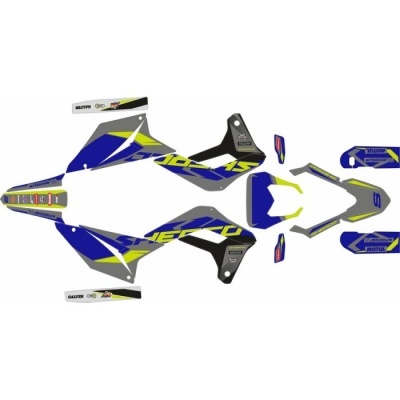 Conjunto de autocolantes para mota em azul, cinzento, amarelo e preto com texto e marcas
