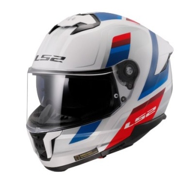 Capacete integral branco com detalhes em azul, vermelho e cinza com viseira transparente