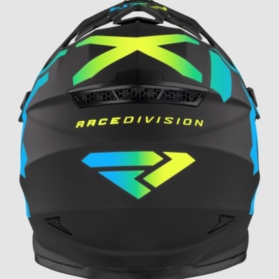 capacete de motocross preto mate com detalhes coloridos e texto RACEDIVISION