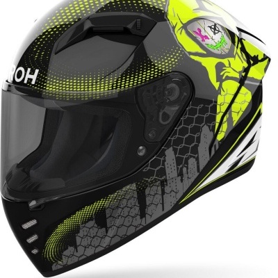 Capacete integral preto, amarelo e branco com visor transparente e grafismo de rosto amarelo