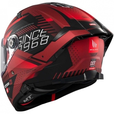 Capacete integral para moto vermelho e preto com visor transparente e texto SINCE 1968