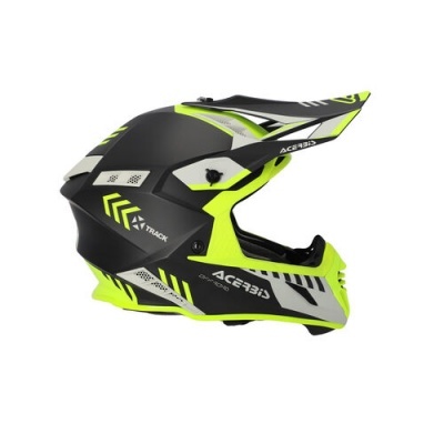 Capacete integral preto, cinza e amarelo fluorescente para motocross com texto TRACK e ACERBIS