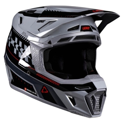 Capacete integral cinza, preto e vermelho com padrão xadrez e texto LEATT