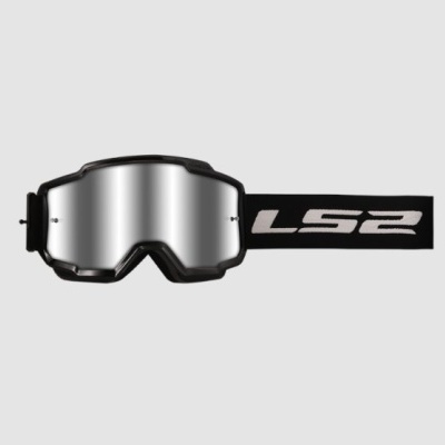 Óculos de proteção desportivos com lente espelhada cinzenta e correia preta com texto LS2