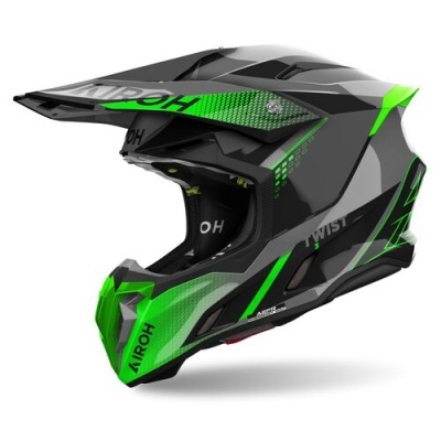 Capacete integral preto e verde para motocross com texto AIROH e TWIST