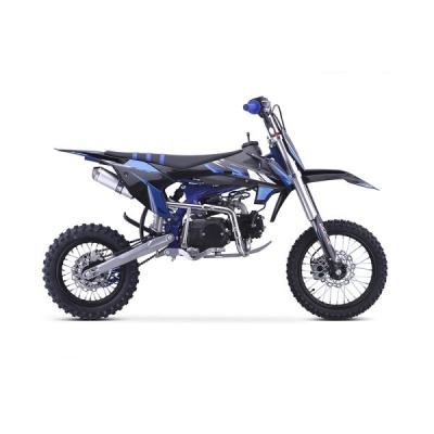 Motocross azul escuro e preto com pneus de cravos e quadro metálico