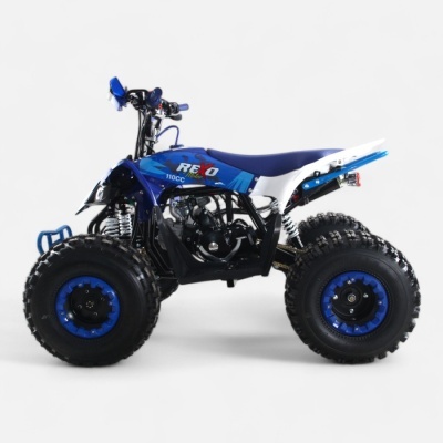 Quadriciclo azul e branco para todo-o-terreno com texto REXO Motor 110CC