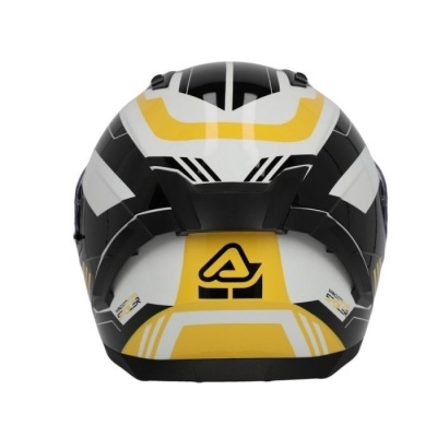 Capacete de motociclista preto, branco e amarelo visto de trás