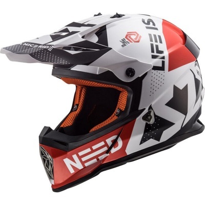 Capacete integral motocross vermelho, branco e preto com interior laranja