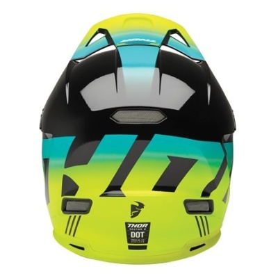 Capacete integral motocross amarelo neon azul e preto com etiquetas THOR DOT
