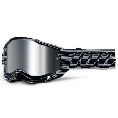 Óculos de proteção esportivos com lente espelhada e faixa elástica preta com linhas brancas