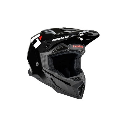 Capacete integral para motocross preto com detalhes em branco e vermelho, logotipo heb o.
