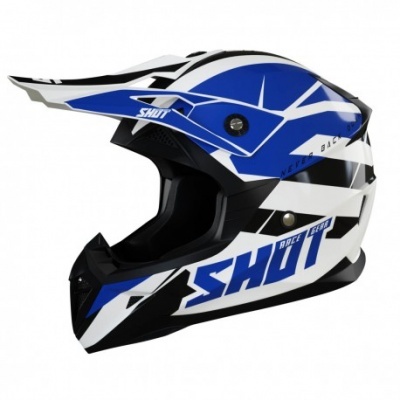 Capacete motocross azul, preto e branco com texto SHOT