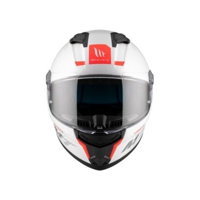 Capacete integral de mota branco com detalhes em vermelho e preto