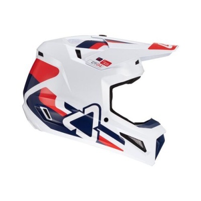 Capacete integral branco com detalhes em vermelho e azul para motocross
