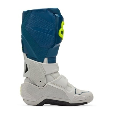 Bota alta de motocross azul escuro e cinza com detalhes amarelos