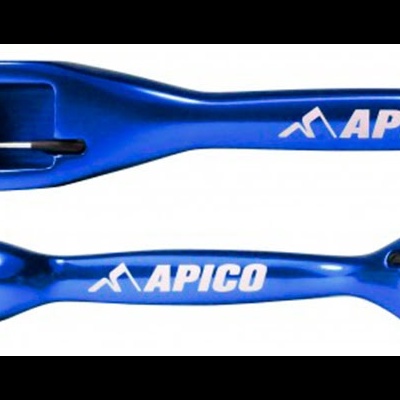 Duas manetes de motocicleta azuis metálicas com texto APICO