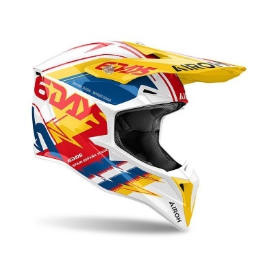 Capacete motocross Airoh colorido com texto 6 DAYS e SPAN ESPANA FRANCE