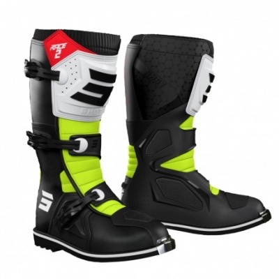 Botas de motocross preto, branco e amarelo fluorescente com fivelas e detalhes vermelhos