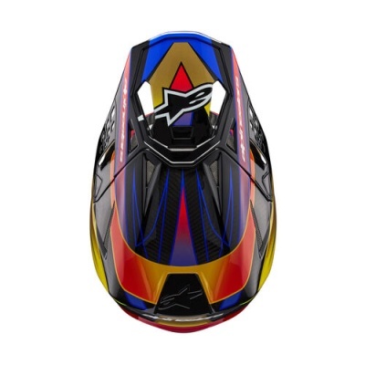 Capacete de motocross colorido com logótipos Alpinestars visto de cima