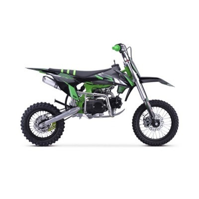 Motocross verde e preto com pneus off-road e suspensão telescópica