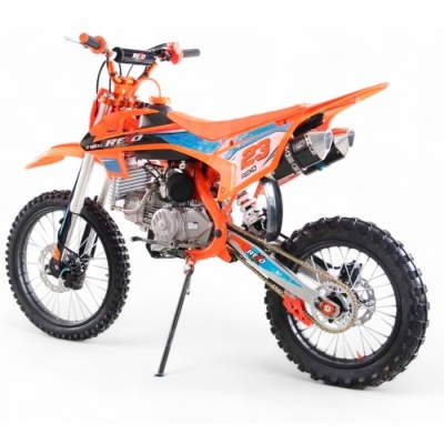 Motocross laranja com detalhes em azul e preto e número 23