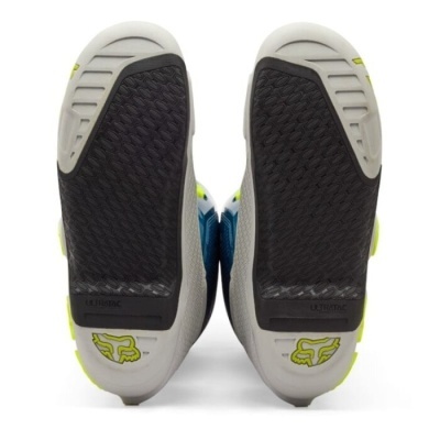 Solas de sapatilhas desportivas pretas e cinza com logotipo Fox amarelo