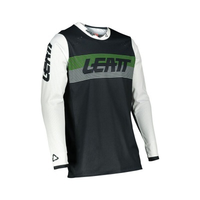 Camisola de motocross preta e branca com logótipo Leatt e linhas verdes e brancas