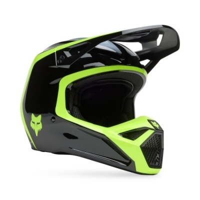 Capacete integral motocross preto e verde fluorescente com logo de raposa