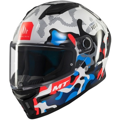 Capacete integral para moto com padrão camuflado e visor transparente.
