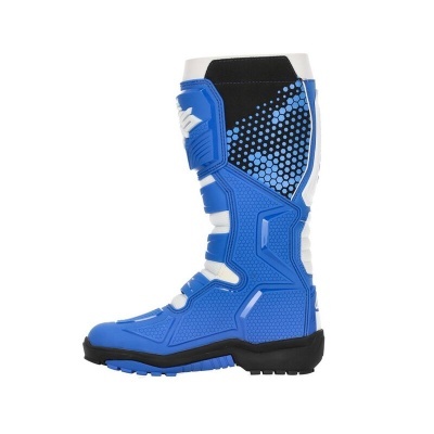 Bota motocross azul e preta com detalhes brancos e sola preta