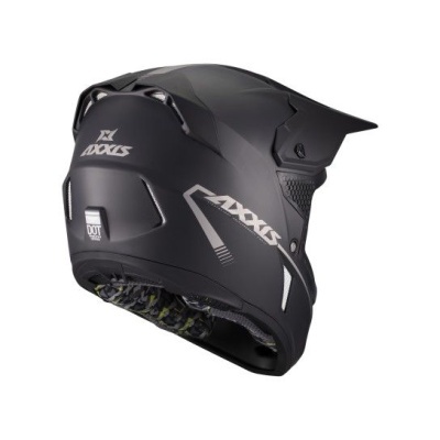 Capacete de motocross negro fosco com logotipos AXXIS e etiqueta DOT