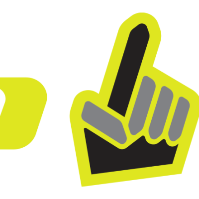 Logotipo amarelo fluorescente com texto 1UP, mão apontando e 4D