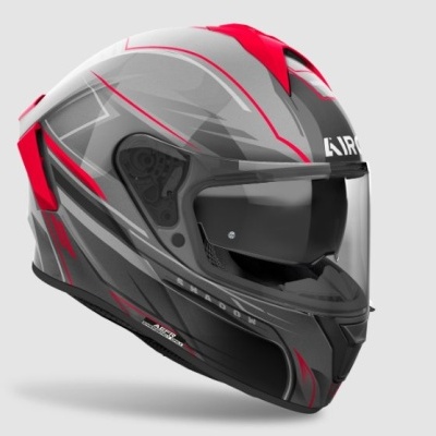 Capacete integral cinzento, vermelho e preto para motociclista com viseira transparente