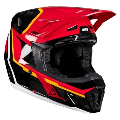 Capacete integral motocross em vermelho, preto, amarelo e branco com ventilação e marca LEATT