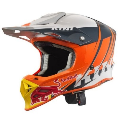 Capacete de motocross laranja, branco e cinzento com logos Red Bull e Kini