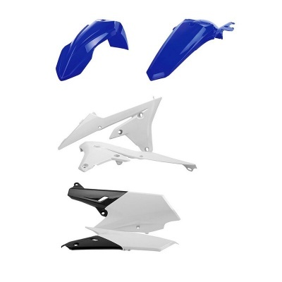 Peças para moto de plástico azul, branco e preto