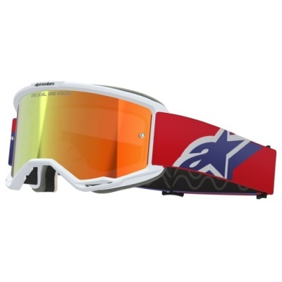 Óculos de proteção com lente refletora laranja e faixa vermelha com padrão azul e branco