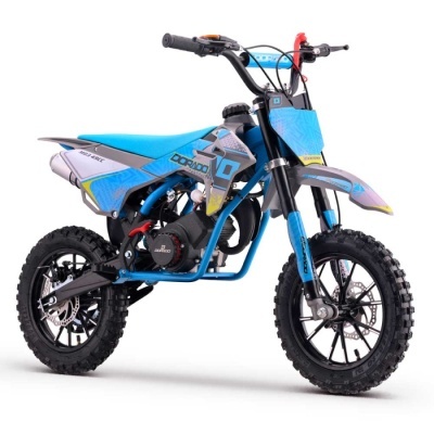 Moto de motocross infantil azul com pneus pretos e detalhes cinza e amarelos