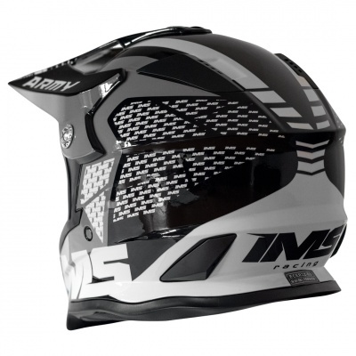 Capacete motocross IMS racing preto cinza branco com padrões e texto