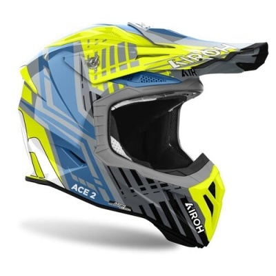 Capacete motocross amarelo, azul, cinzento e preto com texto AIROH e ACE 2